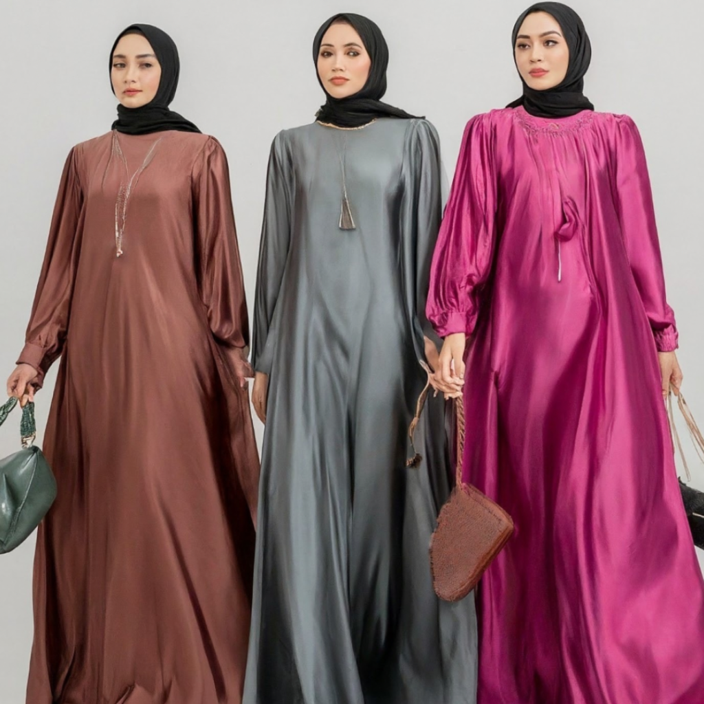 A beautiful display of satin abayas suitable for formal occasions